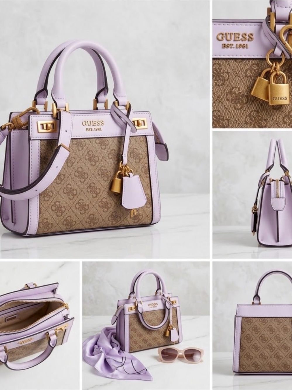 GUESS Lilac and Brown Logo-Print Satchel with Gold Hardware